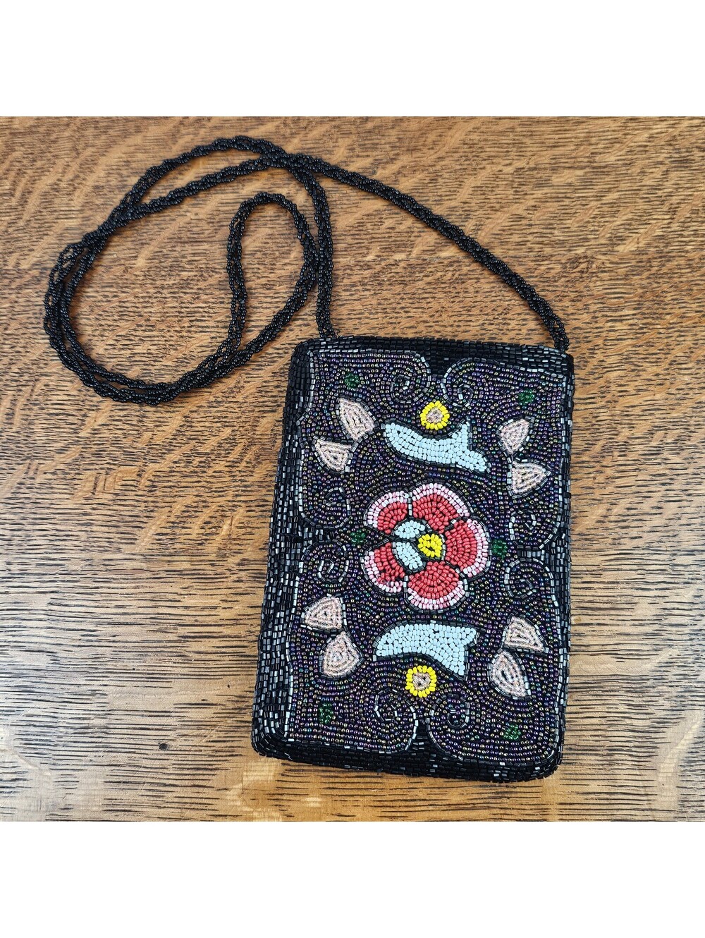 Vintage Christiana Black Beaded Floral Bird Crossbody Evening Bag Purse